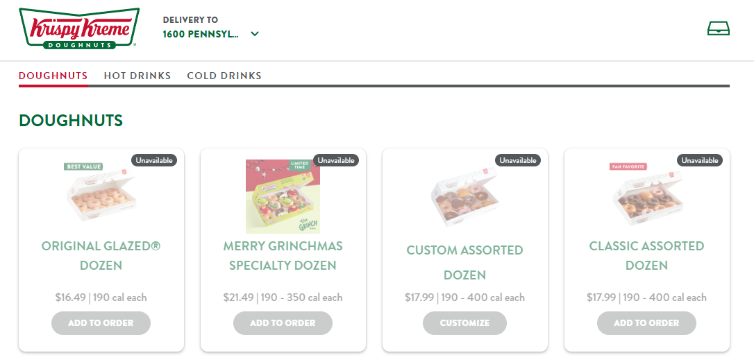 Krispy Kreme online ordering screenshot